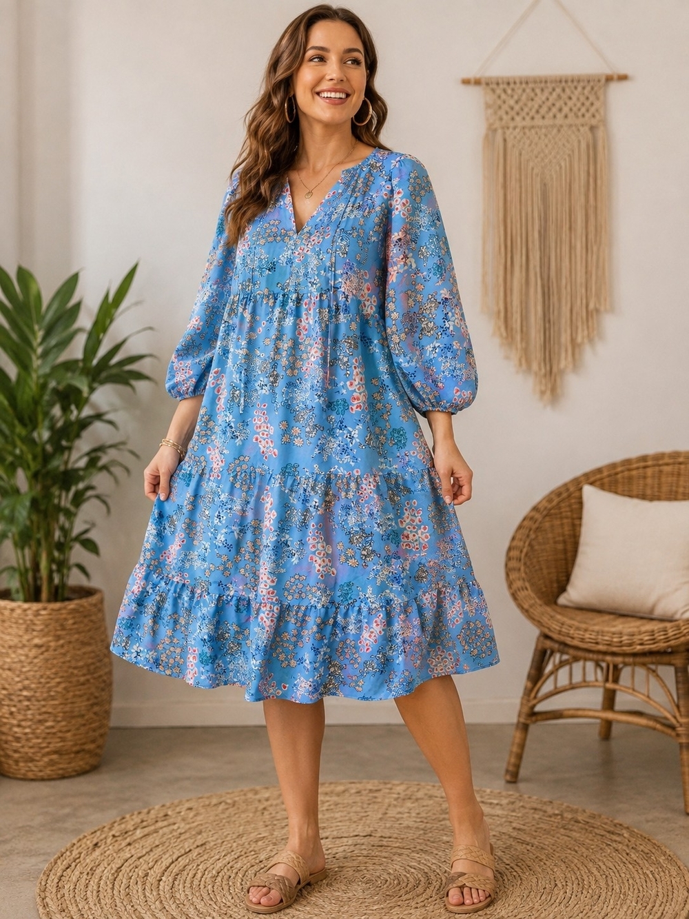 A1. Miduo Blue Floral Tiered V-Neck Midi Dress, Large, Like New